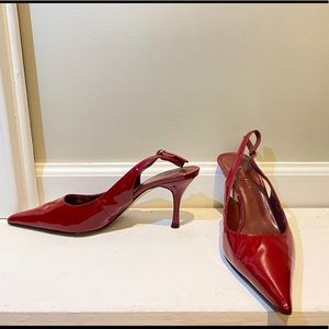 Red, short, strap, heels.